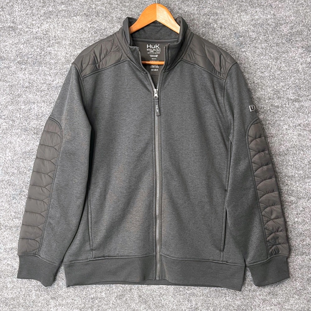 Huk Mens Full Zip Hybrid Jacket Gray Quilted Performance Size Medium Fishing